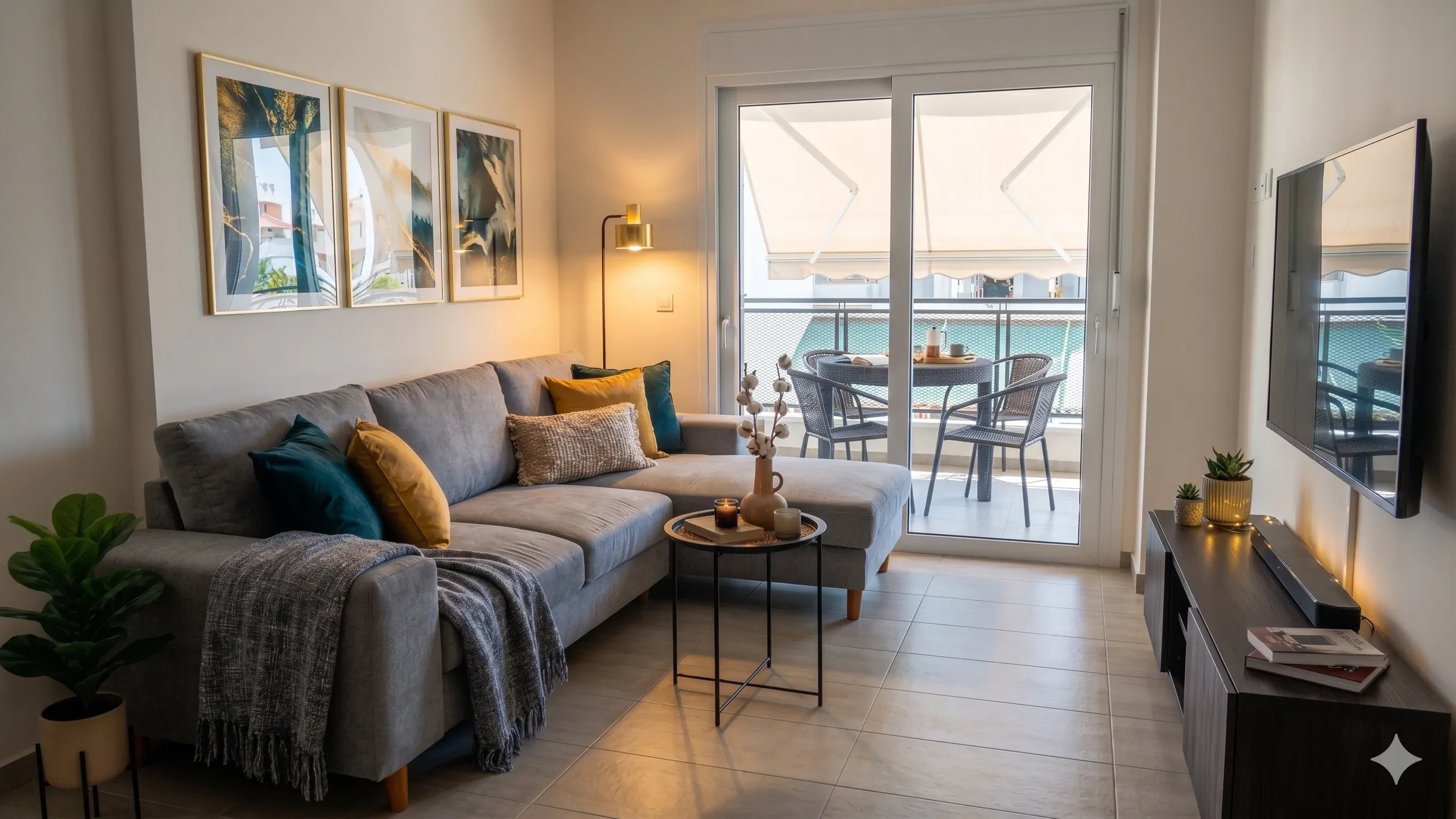 Living room with sofa and balcony doors