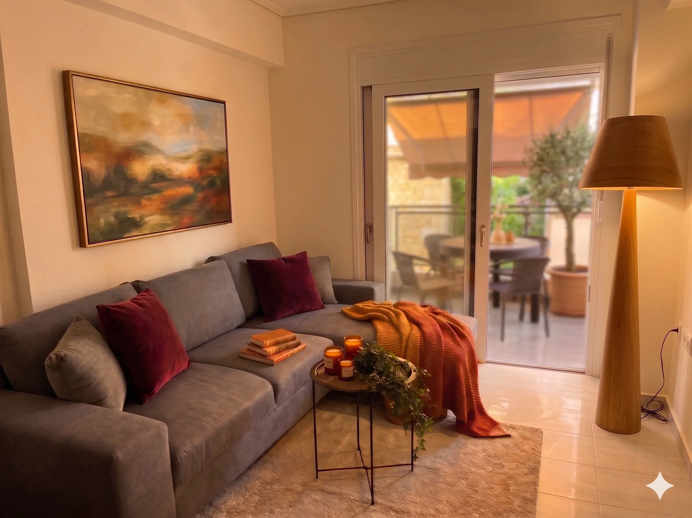 Living room with art and dining table