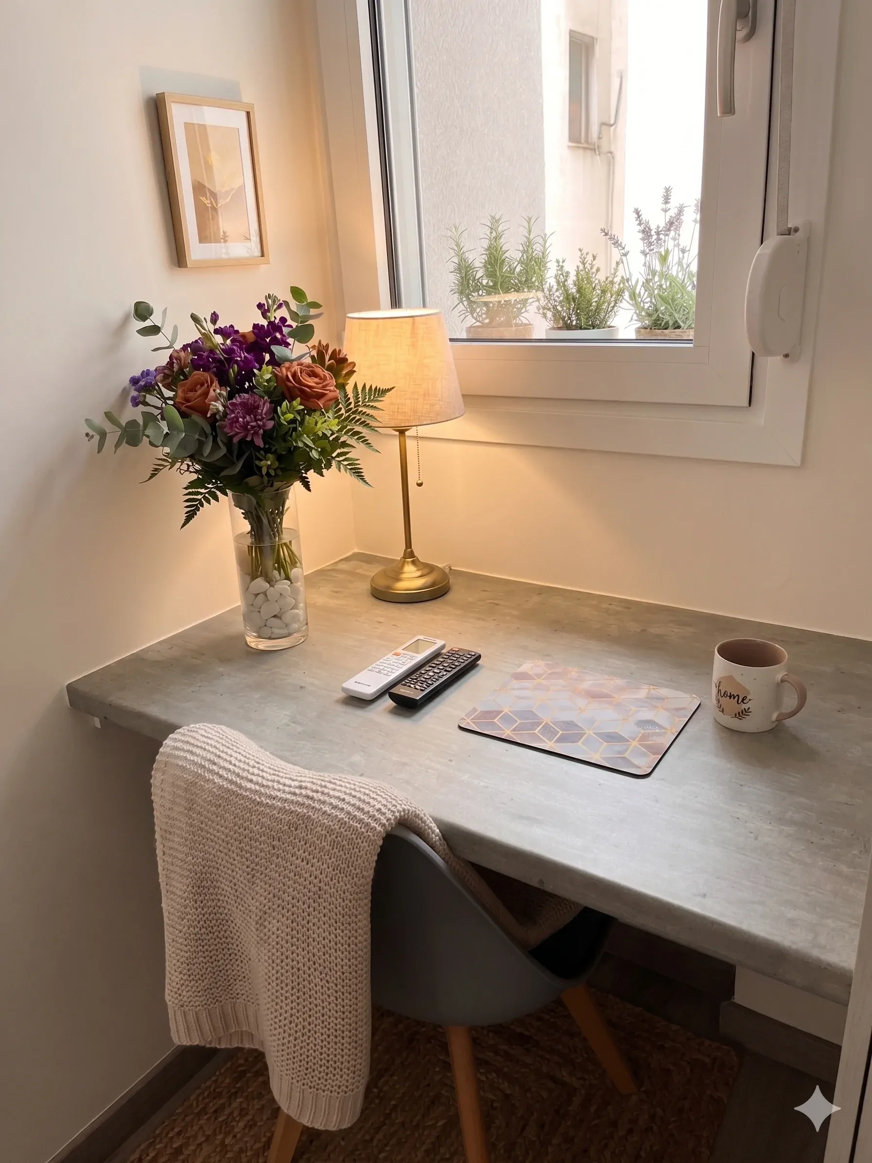 Workspace with fresh flowers