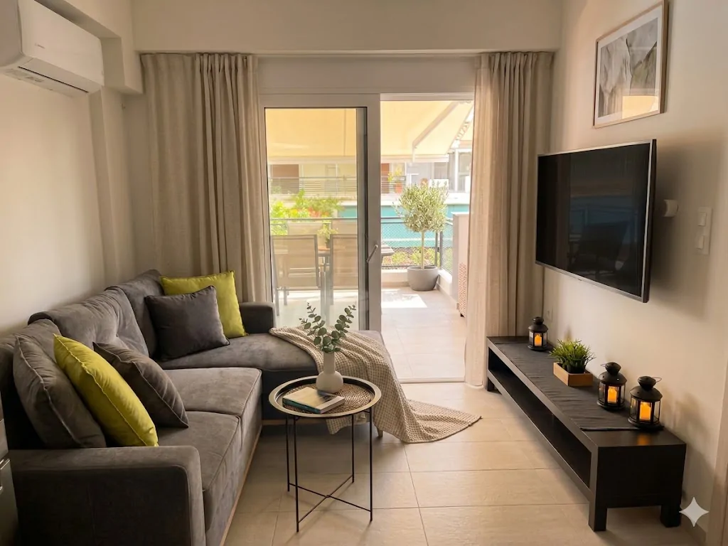 Living room with sofa and balcony view