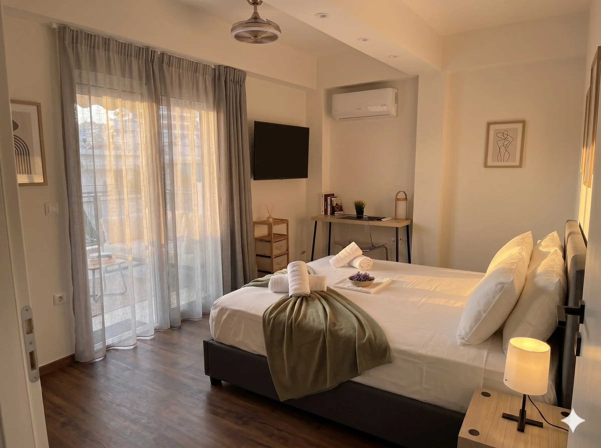 Bedroom with sheer curtains and ceiling fan