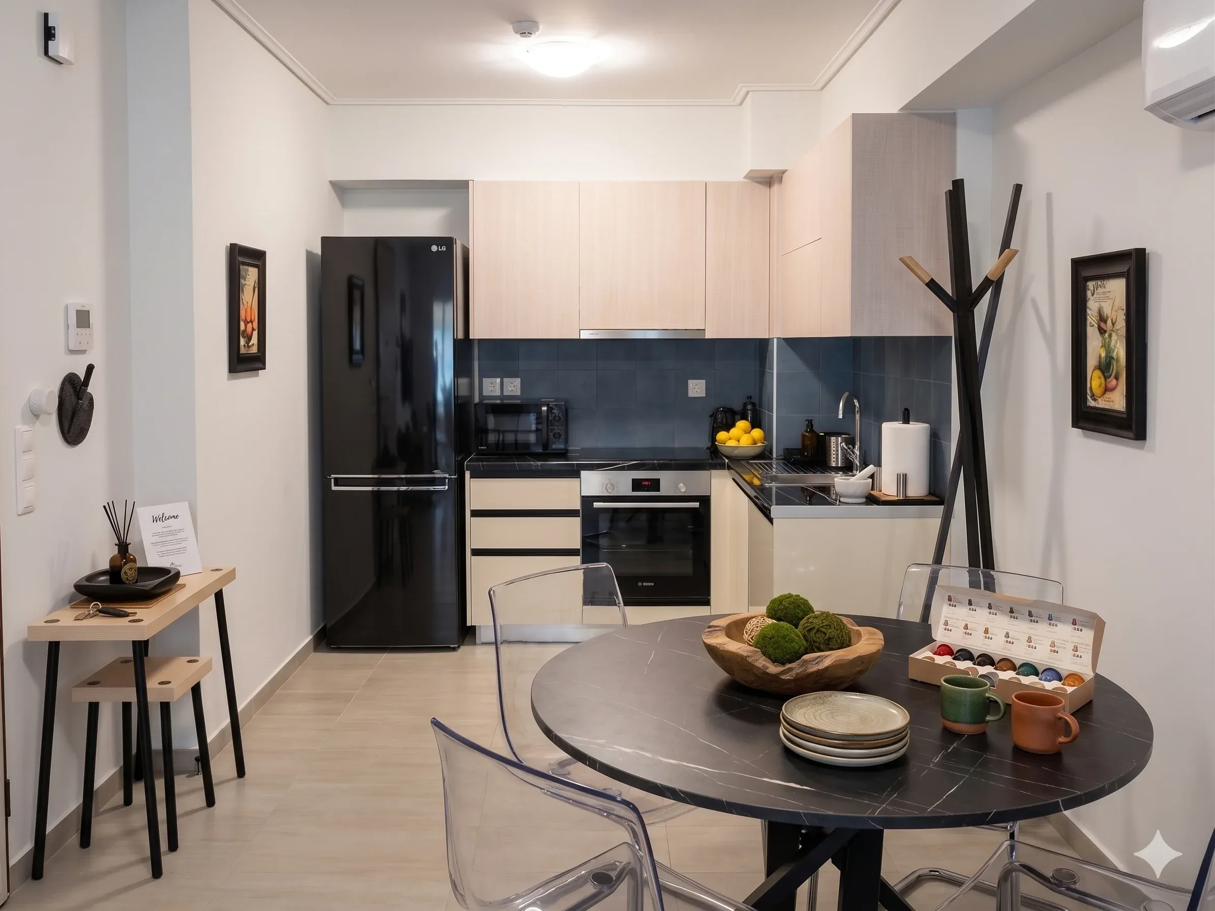 Open-plan kitchen with blue tiles